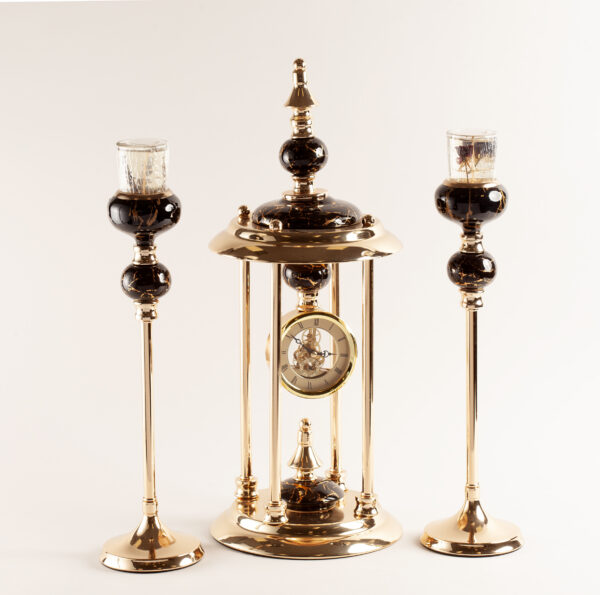 Ceramic/ Glass Clock Set with Candleholders Black/Gold