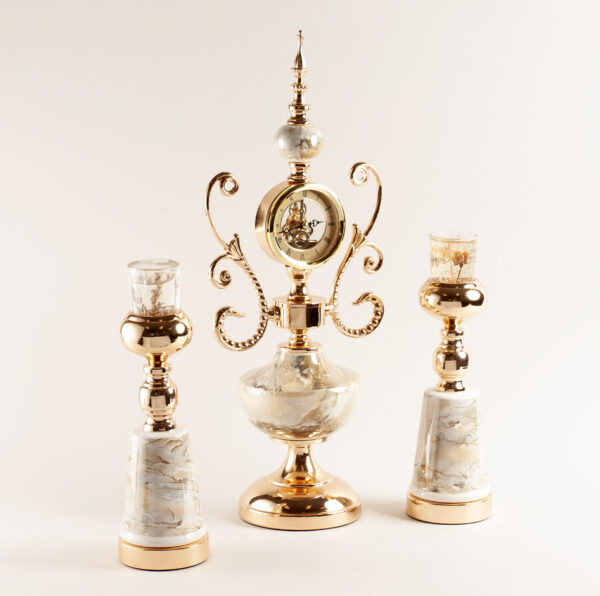 Glass/Ceramic Clock Set Creme with Candle Holders in a Gift Box